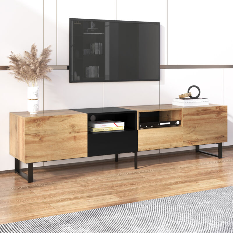 TV-Schrank im Industriestil, Schwarz-Holz-Design, 2 Türen, 2 Schubladen, elegantes Wohnzimmer-Sideboard, TV-Bank, 190 x 38 x 48 cm