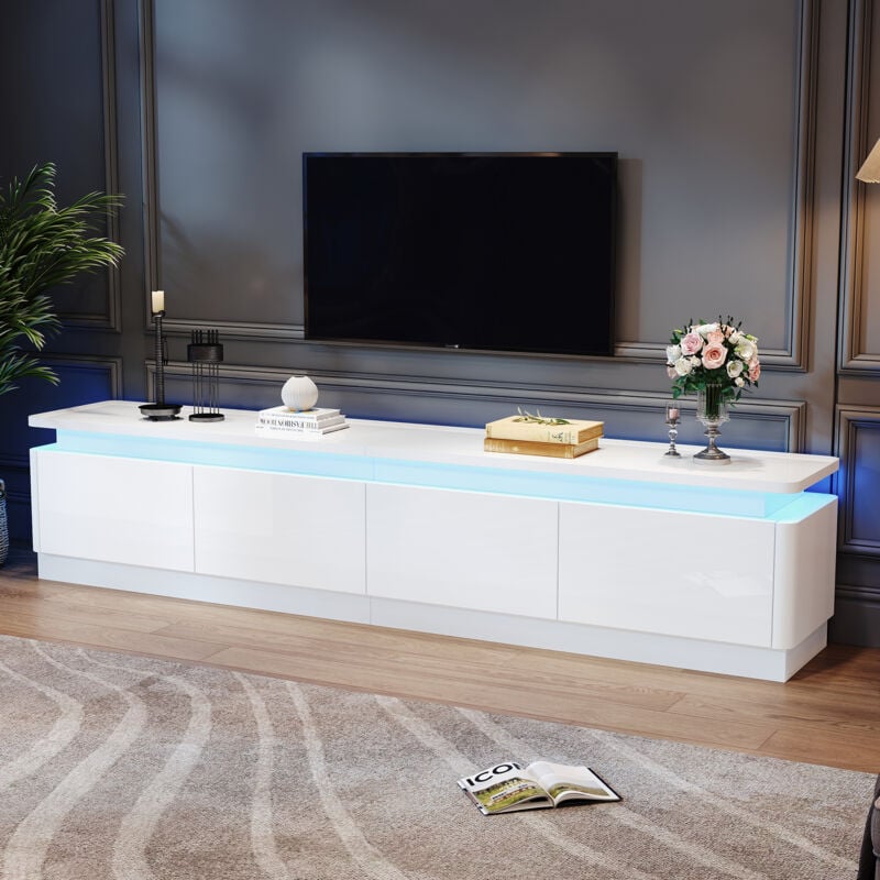 TV-Schrank Moderner Fernsehschrank 180x34x40 cm Niedriges Sideboard LED und 4 Schubladen Wohnzimmermöbel Für Fernseher 80' Weiß glänzend