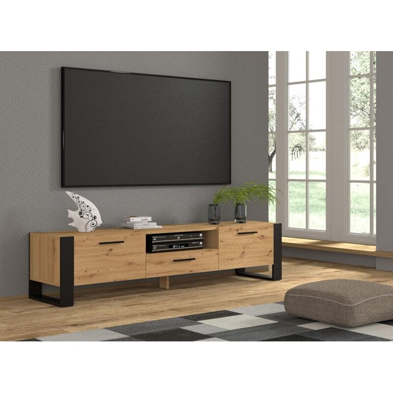 Bim Furniture - tv Stand nuka 200x43x48 cm Eiche Artisan/Matt schwarz Lowboard Schrank tv Tisch Sideboard Kommode Hi-Fi Tisch