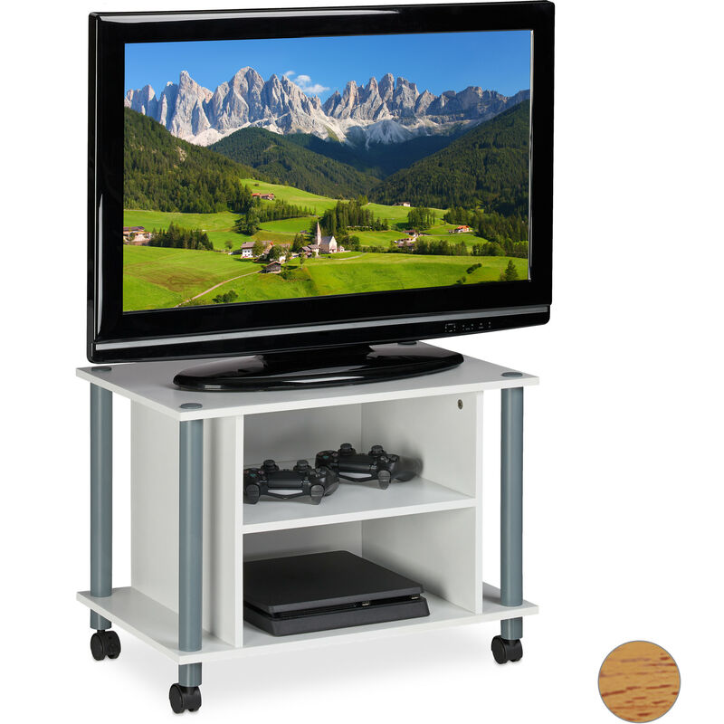 Tv Tisch mit Rollen, 2 Fächer, Fernseher Ablage, Fahrbarer Fernsehtisch, HxBxT: 45 x 60 x 40 cm, weiß-silber - Relaxdays