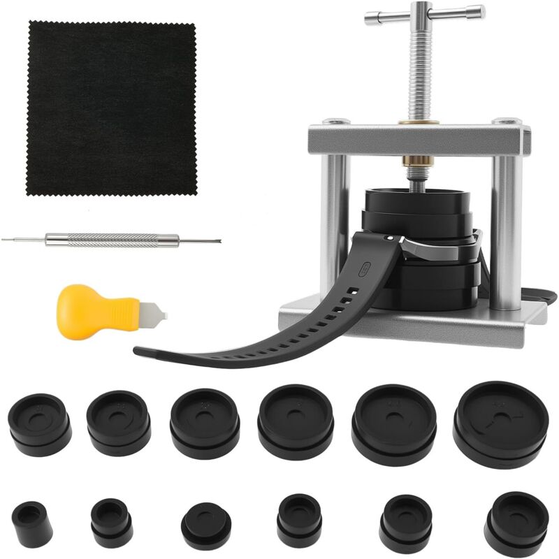 Uhr Presse, Uhrenschließer Einpresswerkzeug Gehäuseschließer für Batteriewechsel, Uhr Reparatur Werkzeug Set mit 12 Matrizen Uhrendeckelpresse Profi,