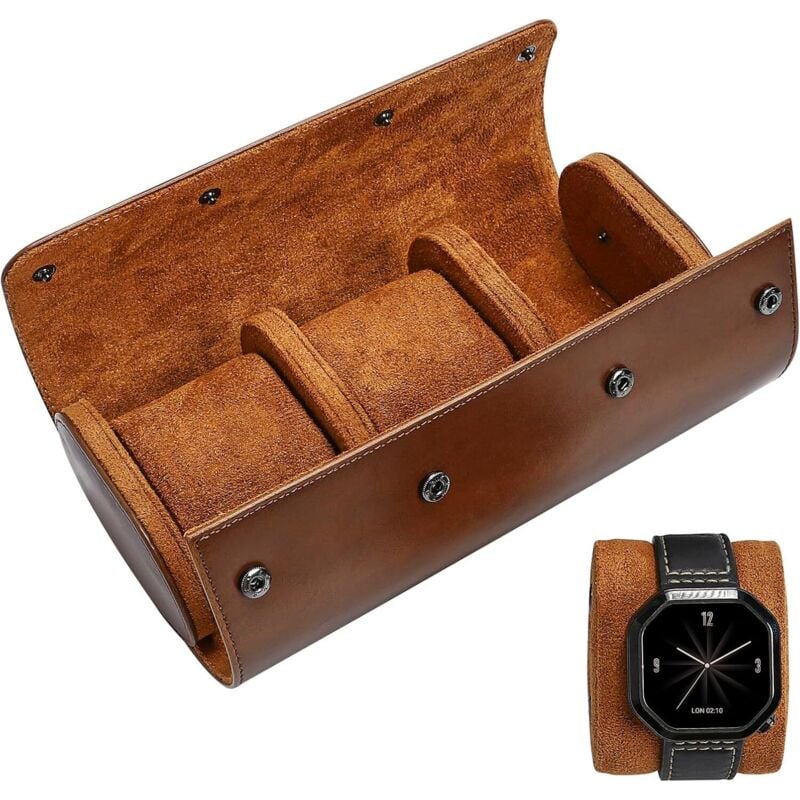 Uhrenbox - 3 Fächer, Leder-Uhrenetui, Uhrenaufbewahrungsbox, Uhren-Reiseetui, tragbarer runder Uhren-Organizer