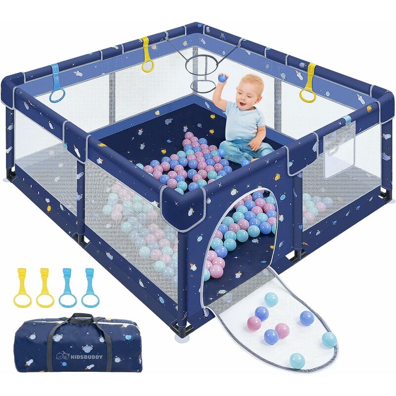 UISEBRT Baby Laufstall Laufgitter 130cm Baby Bettgitter Rausfallschutz Bett mit 50 Bälle, 4 Griffe, Aufbewahrungstasche, Korbnetz (Blau mit Cartoon)