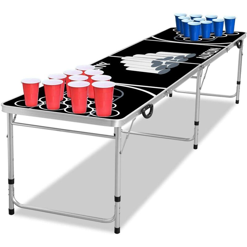 UISEBRT Beer Pong Tisch Set - inkl. 5 Baelle und 100 Becher (50 Rot & 50 Blau),Klappbare, aus Aluminium, Hoehenverstellbar, Fuer Partys und Spiele,