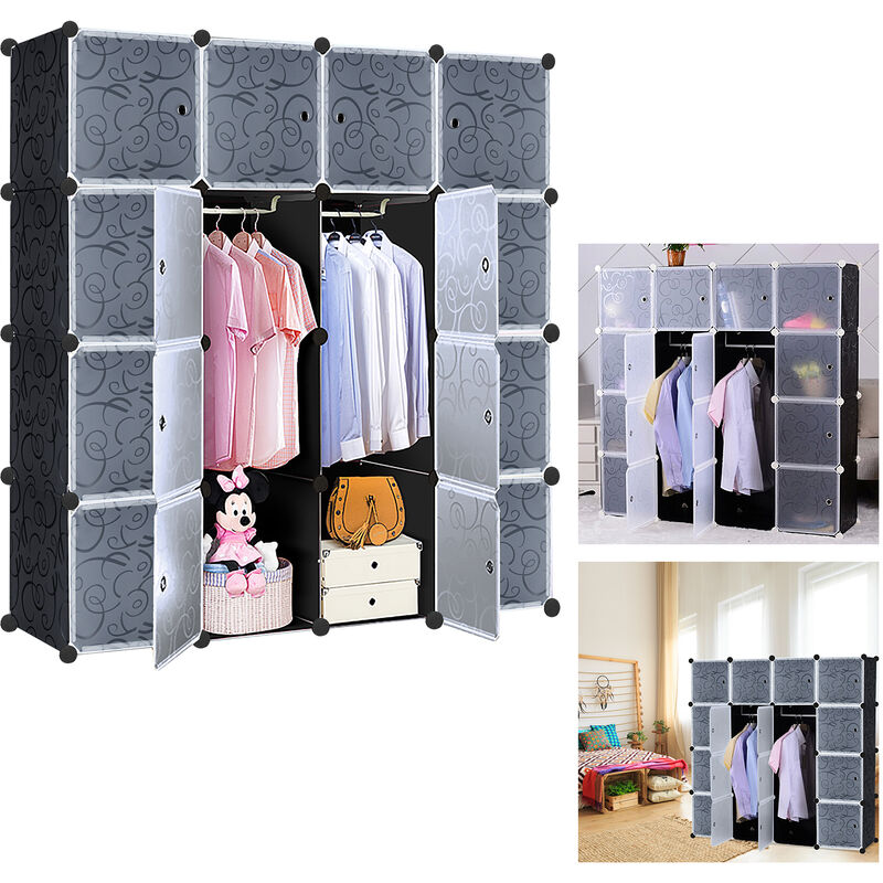 UISEBRT DIY Regalsystem Kleiderschrank aus Kunststoff Steckregal Kleiderschrank Garderobenschrank Schuhregal Kunststoffboxen, 16 Boxen mit Tür,