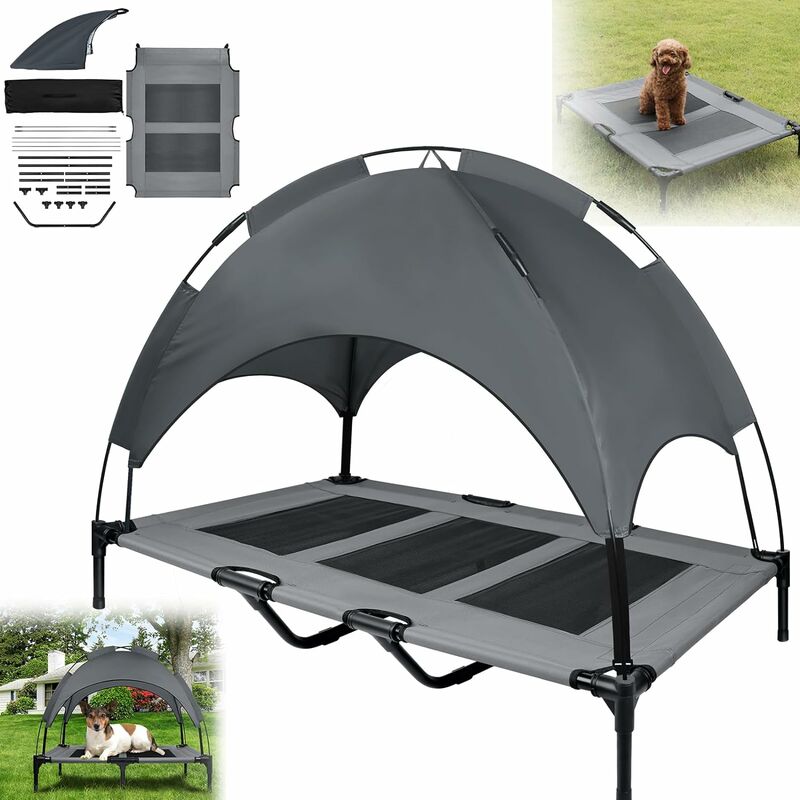 Hundeliege mit Dach, Erhöhtes Hundebett Atmungsaktiv, Taftstoff, Outdoor Mittelgroße und Große Hunde Haustierbett für Indoor & Outdoor, xl (122