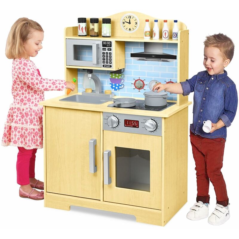 Spielküche aus Holz, Kinderküche für Kinder, Kinder-Outdoor-Spielküche aus Massivholz inklusive Zubehör wie Mikrowelle, Backofen, Spüle,