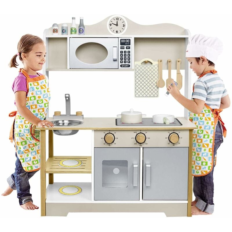 Kinderküche Holz mit umfangreichem Zubehör - Enthält Mikrowelle, Backofen, Spüle, Kochutensilien und Gewürze. Sicher, ungiftig und leicht zu bedienen