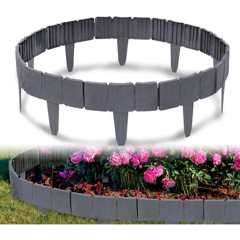 UISEBRT 40Pcs Rasenkante Kunstoff 10m Beeteinfassung Steinoptik Palisade Beetumrandung Mähkante Gartenzaun für Garten Border Blumenbeet, LxH 25x23cm,