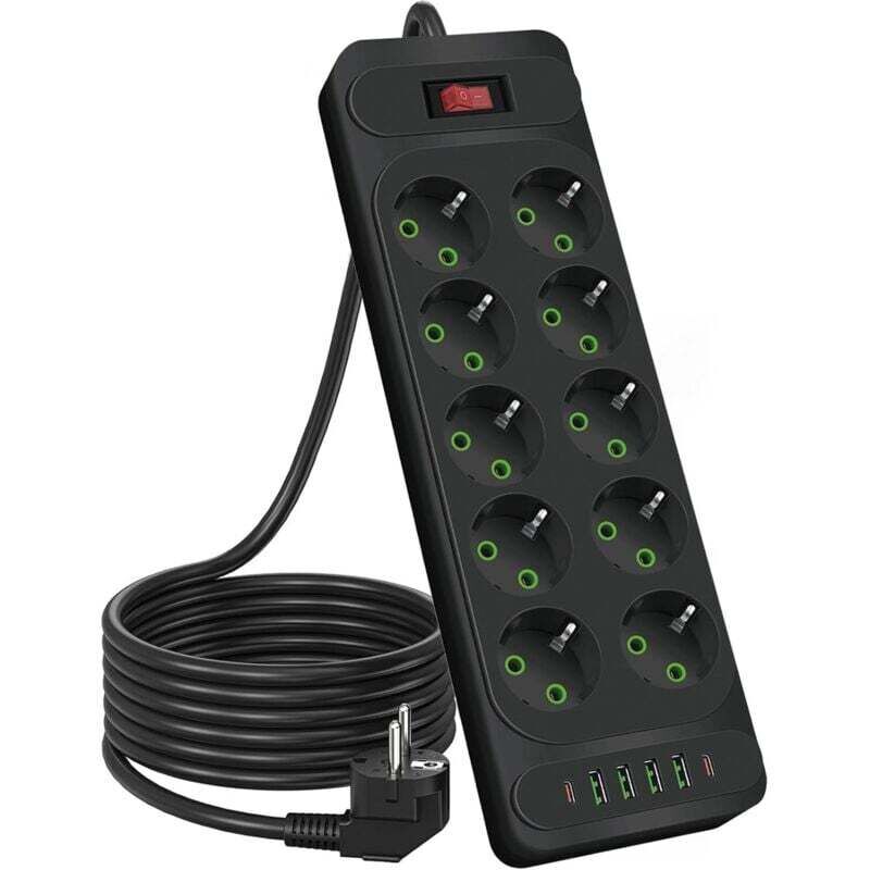 Ulisem 10-fach 2500W Steckdosenleiste mit Schalter, 1,8m Verlängerungskabel, für Smartphones und Tablets, schwarz