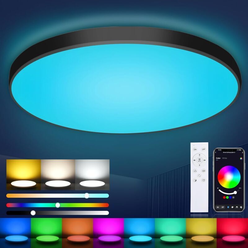 Ulisem Dimmbare LED Deckenleuchte Flach Rund Schwarz 36W Deckenlampe mit Fernbedienung, RGB Steuerbar per App, 2700K-6500K Smart LED Deckenleuchte