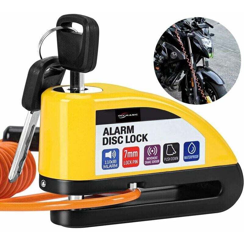 Ulisem Motorrad-Scheibenschloss mit Alarm, 110 dB, Diebstahlschutz für Motorräder, elektrisches Alarm-Scheibenschloss mit 1,5 m Erinnerungskabel,