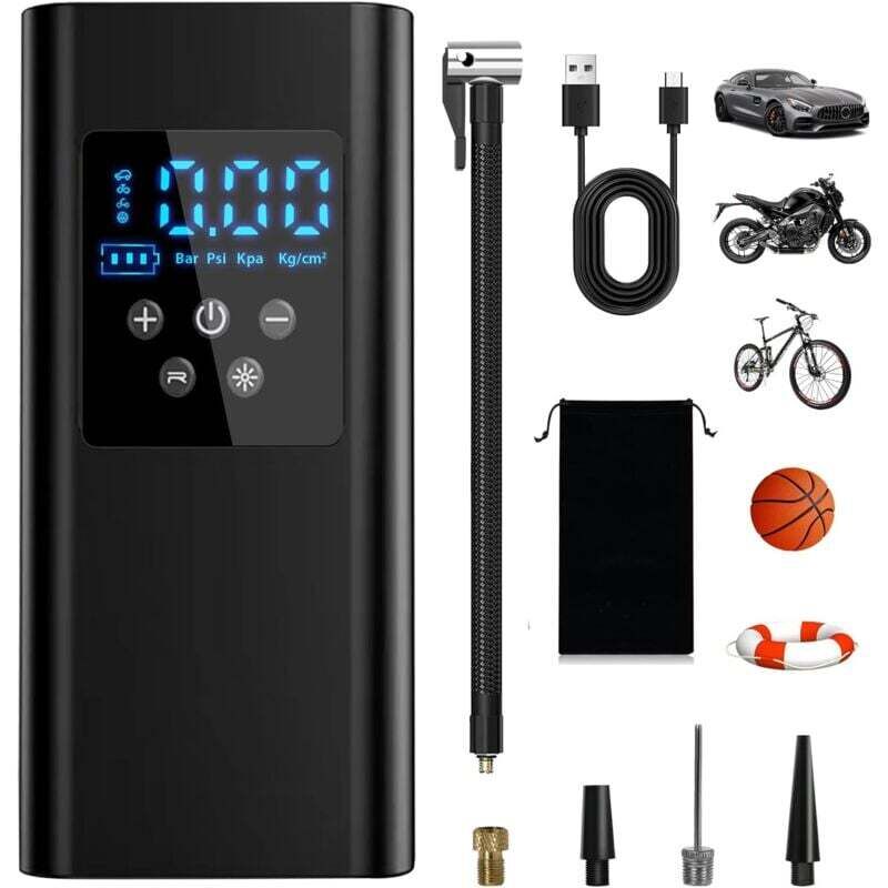 Ulisem150PSI Autoreifen-Inflator, 6000 mAh tragbarer Luftkompressor mit 4 Mundstücken und LED-Licht für Auto, Motorrad, Fahrrad, Ball