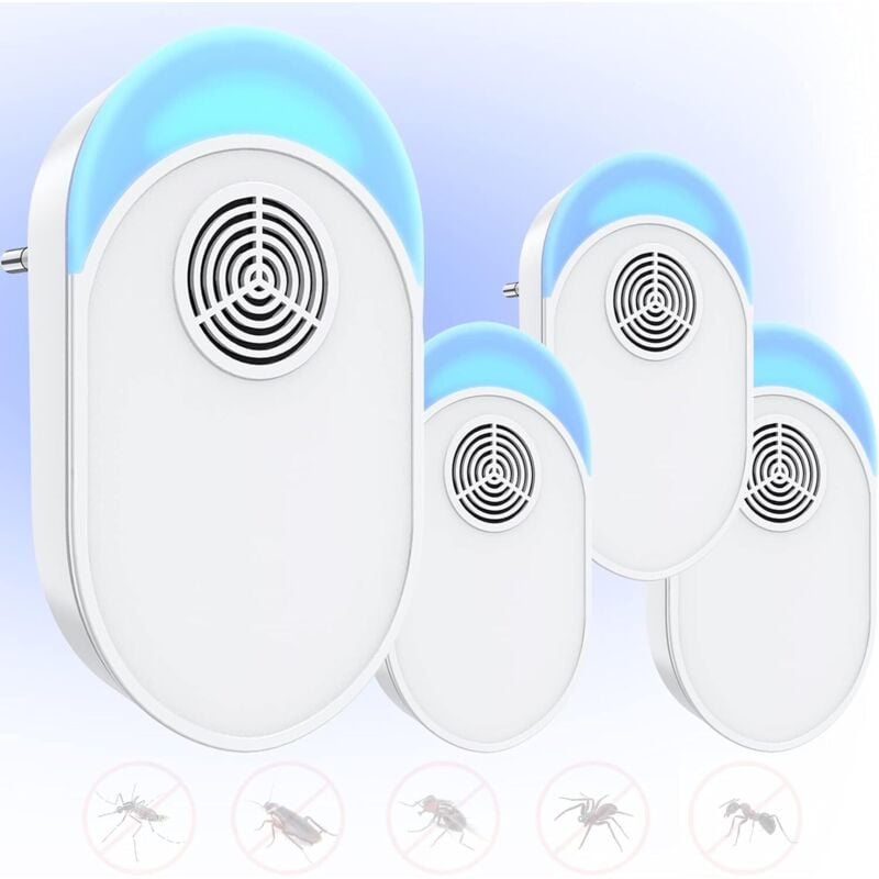 Ultraschall-Mückenabwehr, Mäuse-Fliegenfänger, 4er-Pack, wirksames Abwehrgerät zur Abwehr von Ratten, Spinnen, Mäusen, Kakerlaken, weiß