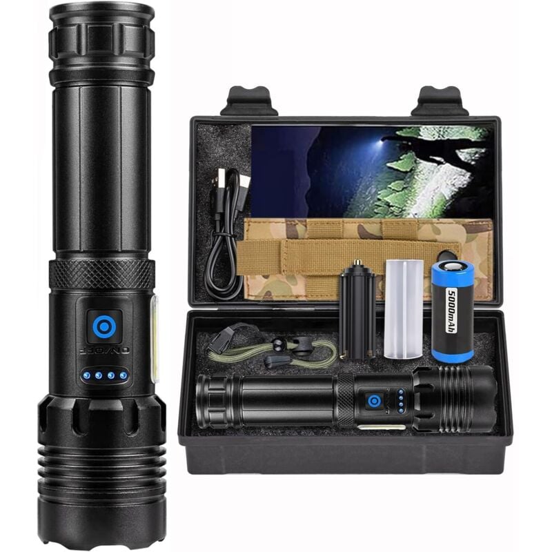 Ultrastarke LED-Taschenlampe, 100.000 Lumen, wiederaufladbare LED-Taschenlampe, langlebig, 7 Modi und IPX6-wasserdichte taktische Taschenlampe, ideal