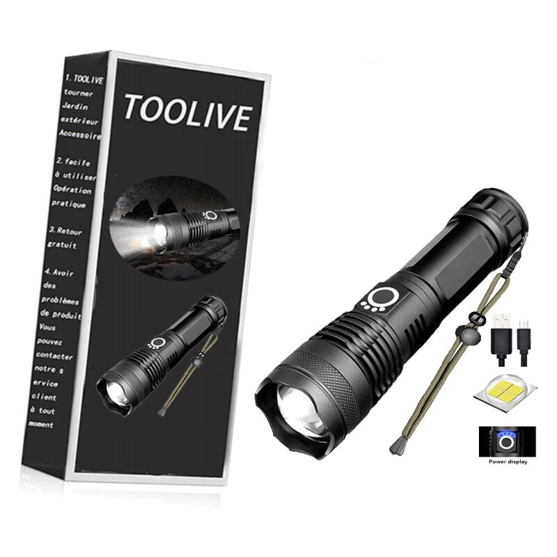 12.000 Lumen, ultrastarke LED-Taschenlampe, USB wiederaufladbar, XHP70.2 Taschenlampe, Hochleistungs-Taschenlampe, IPX65 wasserdicht, mit 5.000 mAh