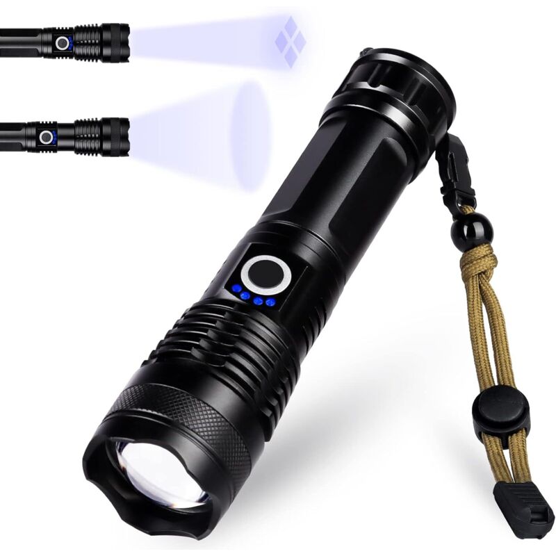 Ultrastarke LED-Taschenlampe, wiederaufladbare Taschenlampe mit USB-Typ-C, verstellbare, zoombare, wasserdichte XHP50-Taschenlampe für Camping,