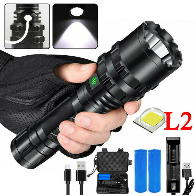 Memkey - Ultrastarke taktische LED-Taschenlampe, 4000 hohe Lumen, XHP50.2, usb wiederaufladbar, 5 Modi mit Lithium-Akku, für Camping, Jagd,