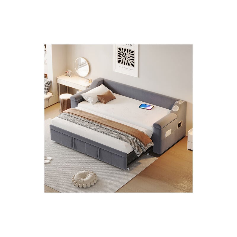 Gepolstertes Schlafsofa, 90/180x190 cm, umbaubares Bett mit Armlehnen, Bluetooth-Stereoanlage und USB-Anschluss, in Samtstoff, dunkelgrau