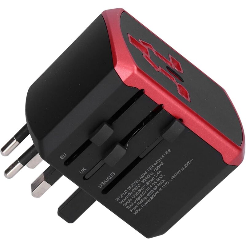 Universeller Reiseadapter, internationaler Spannungswandler, 100 v auf 240 v Steckdosenladegerät mit 4 USB-Anschlüssen für uk eu us jp au cn (rot)