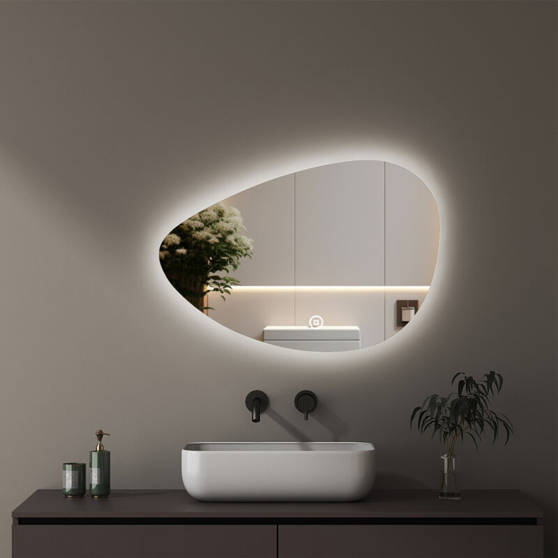 Unregelmäßiger led Wandspiegel Rahmenloser Spiegel 65x90cm, Asymetrischer Wandspiegel mit Beleuchtung 3 Lichtfarbe Dimmbare 3000-6500K, ideal für