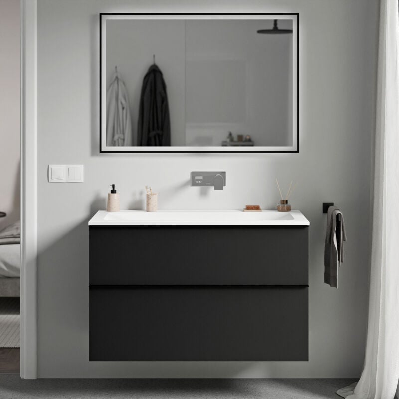 Badmöbel Unterschrank Bernstein lavoa 100cm mit Mineralguss Waschbecken cream Badmöbel: Schwarz matt, Metallgriff: Anthrazit matt, Waschbecken: Weiß