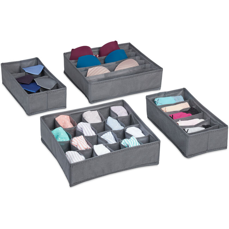 Relaxdays - Unterwäsche Organizer, 4 tlg. Schubladen Ordnungssystem Kleiderschrank, für Socken, bh, Unterhosen, dunkelgrau