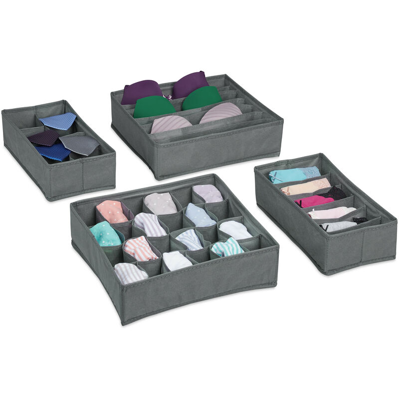 Relaxdays - Unterwäsche Organizer, 4 tlg. Schubladen Ordnungssystem Kleiderschrank, für Socken, BHs, Unterhosen, hellgrau