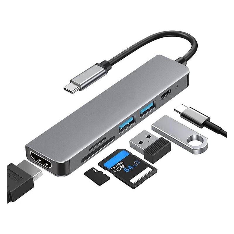 USB-C-Adapter für MacBook, 6-in-1-USB-Typ-C-auf-HDMI-4K-Multiport-Hub, kompatibel mit Typ-C-Laptops wie MacBook Pro, Dell xps, Chromebook Pixel