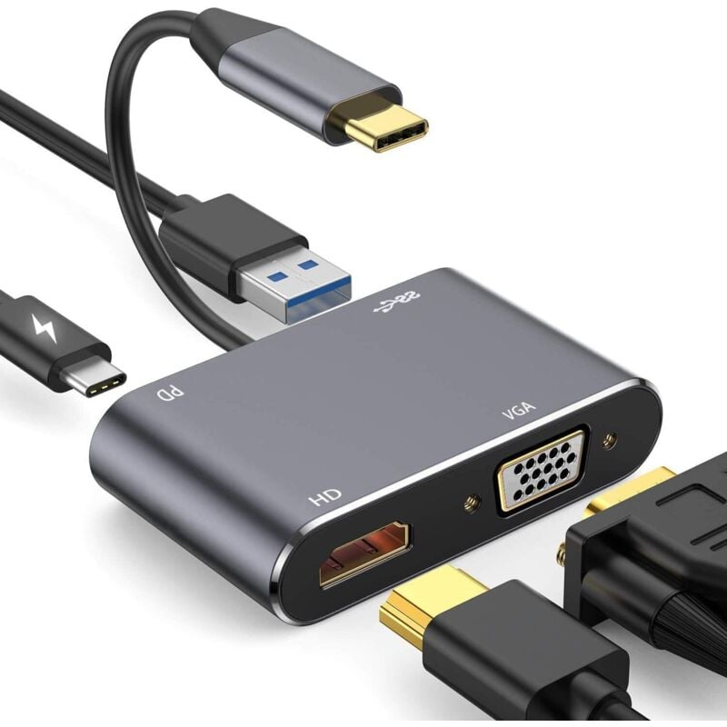 USB C auf 4K HD-MI VGA Adapter, 4-in-1 USB Typ C 3.0 OTG Hub Kompatibel mit MacBook Pro/Dell XPS/Samsung Galaxy/iPad Pro/Chromeboo