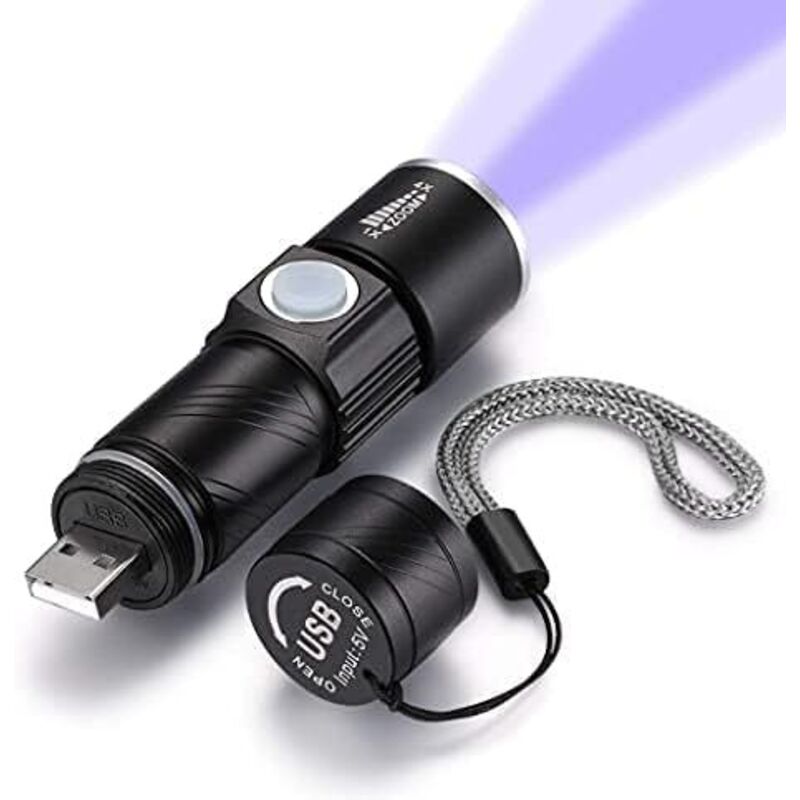 UV-Taschenlampe, per USB wiederaufladbare UV-Taschenlampe mit Schwarzlicht 395 nm, zoombare UV-Taschenlampe und 4 Lichtmodi, Tierurin-Detektor
