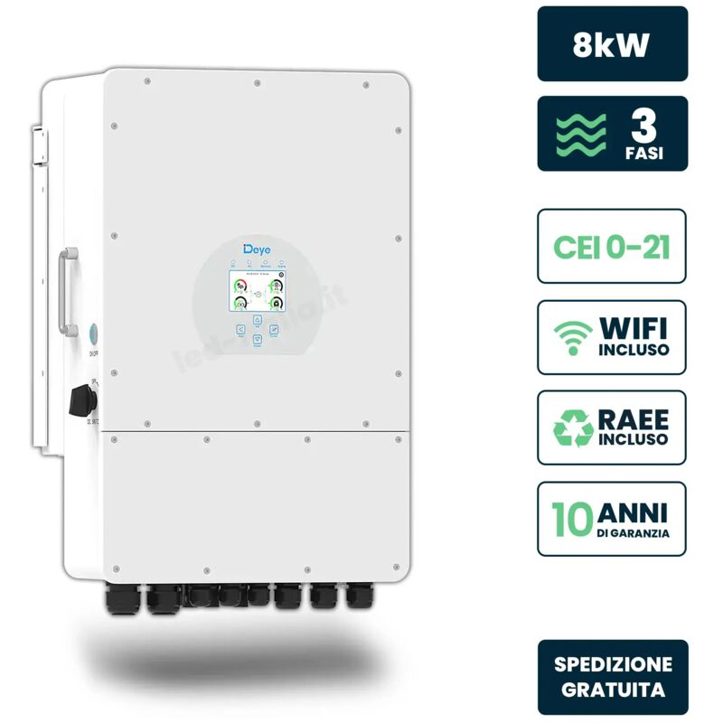 DEYE SUN-8K-SG04LP3-EU Deye Dreiphasen-Hybrid-On-Grid/Off-Grid-Photovoltaik-Wechselrichter 8 kW CEI 0-21 mit Farb-LCD-Touchscreen, integriertem Smart