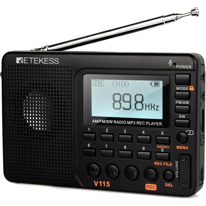 V115 Tragbares Radio, kleines wiederaufladbares Radio, FM, AM, SW, Batterie- und Netzbetrieb, TF-Kartensteckplatz, Aufnahmefunktion, MP3-Wiedergabe,