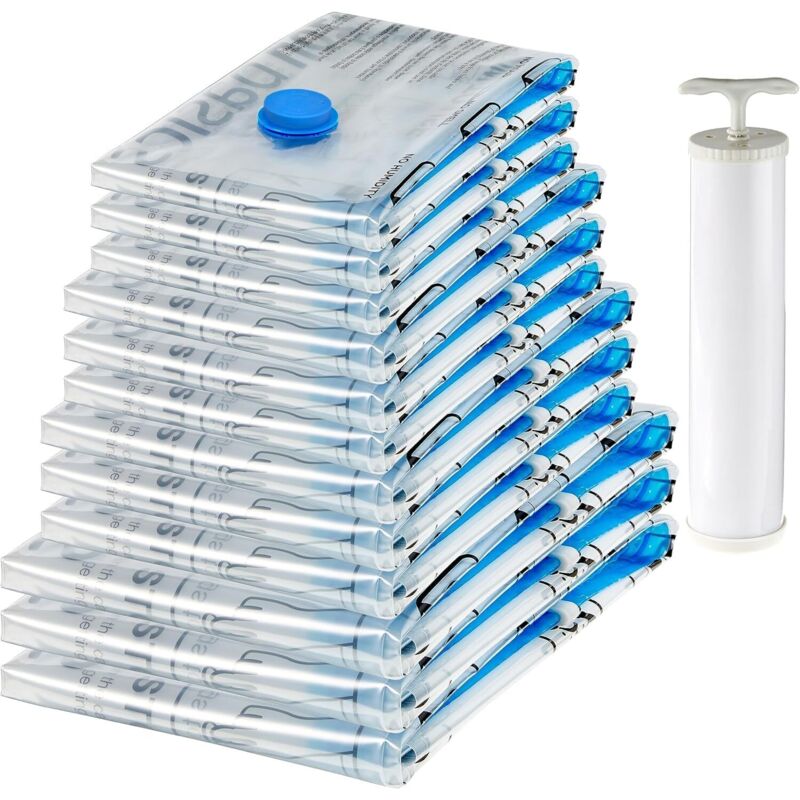 Vakuumbeutel Set 12-teilig (XXL, XL, L, M) inkl. Handpumpe - Platzsparend für Bettwäsche, Decken, Winterjacken, Kleidung & Reise - Wiederverwendbar