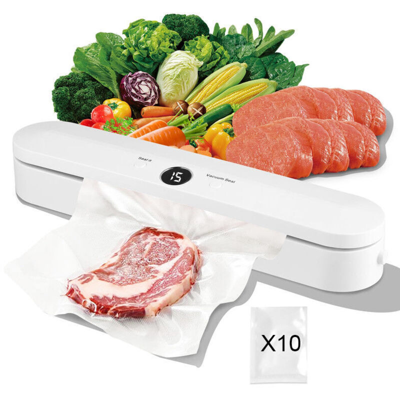 Vakuumversiegelungsgerät für Lebensmittel mit 10 Beutel, 60 kPa Saugkraft, geeignet für trockene und feuchte Lebensmittel wie Fleisch, Gemüse, Snacks