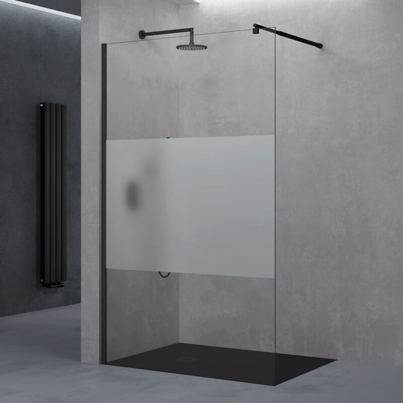 Luxus Duschwand für Dusche Duschabtrennung 110x200cm Schwarz Walk-In Dusche 8mm ESG-Sicherheitsglas Milchglas-Streifen inkl. Nanobeschichtung