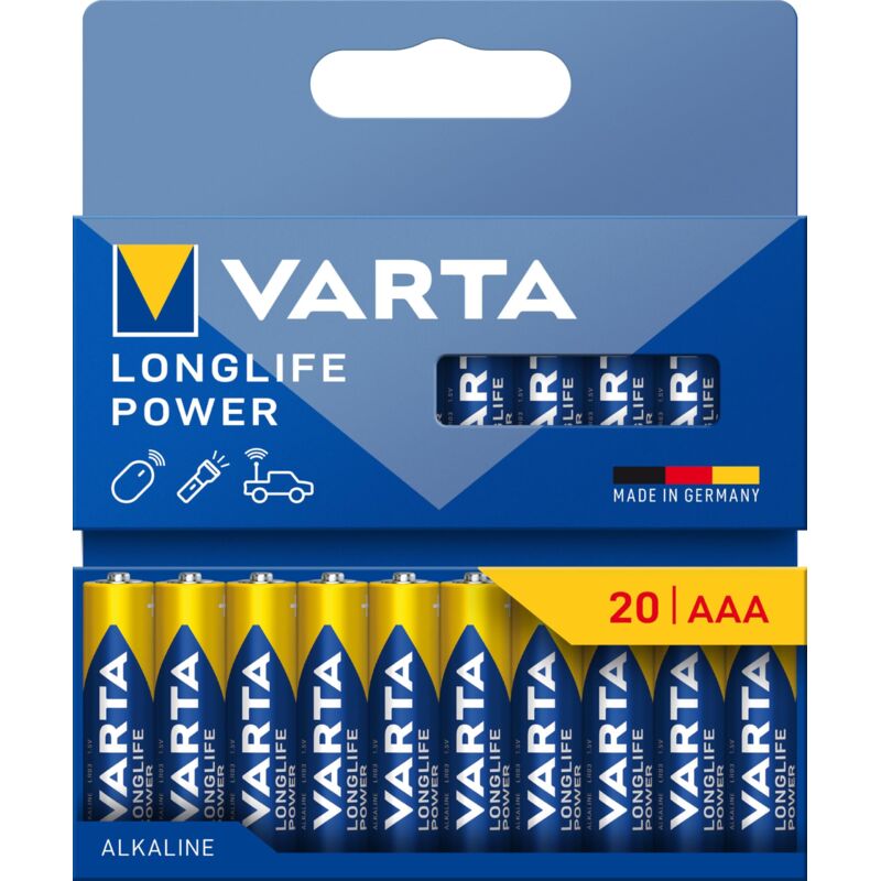 Longlife Power - aaa Alkaline-Batterien (20 Stück, 1,5 v, ideal für Digitalkamera, Controller, Blutdruckmessgerät de plastikfreie Verpackung) - Varta