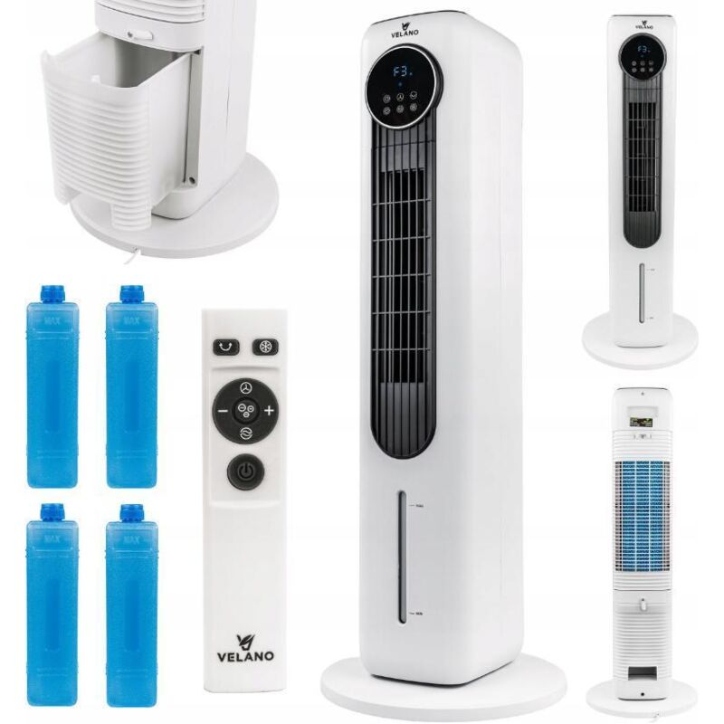 Velano Standventilator 60W mit Fernbedienung, Oszillation und Timer, Luftkühler mit Wasser, Ventilator leise, Turmventilator mit Luftionisierung