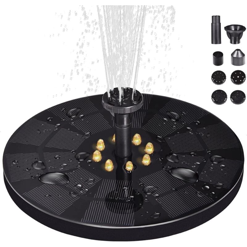 Verbesserter Solarbrunnen mit 3-W-LED-Beleuchtung – Solarbetriebener Brunnen mit 8 Wasserspielen – Schwimmender Solarbrunnen für Vogeltränken,