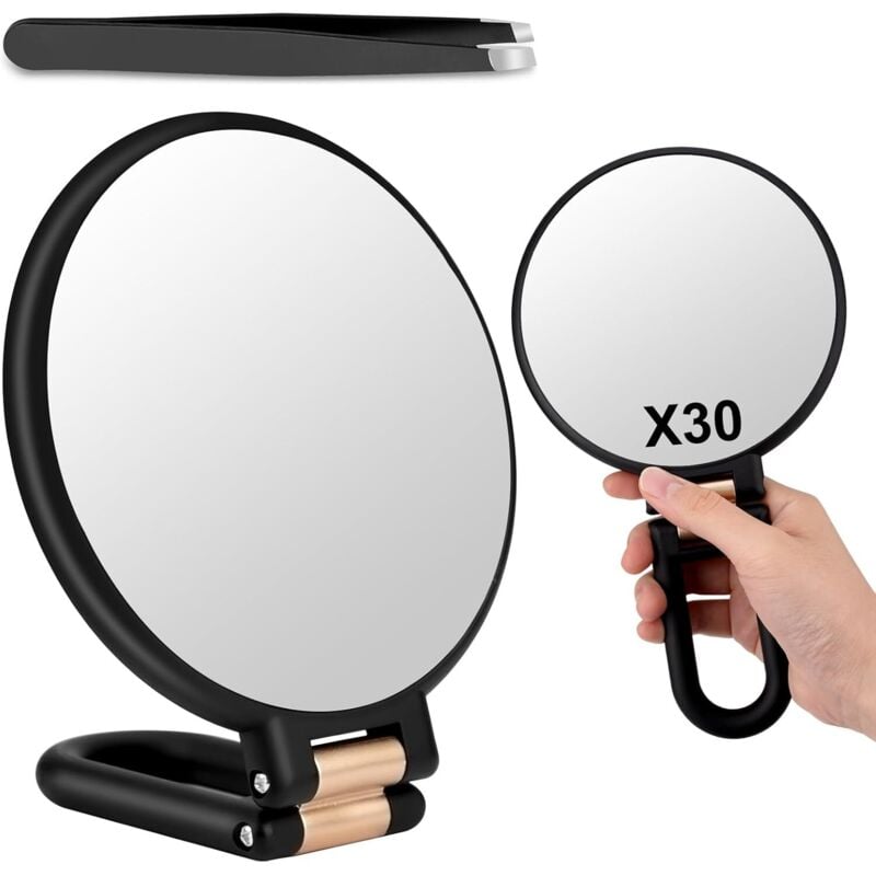 Vergrößerungsspiegel 30X/1X, Handspiegel mit Griff Vergrößerungsspiegel 30 Fach mit Griff, doppelseitiger Reise Lupenspiegel für Präzisions Makeup