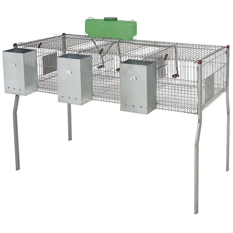 Verzinkter Kaninchenkäfig mit Trichtern und Tränken, 3 Abteilungen, Metallboden, 157 x 63 x 98 cm