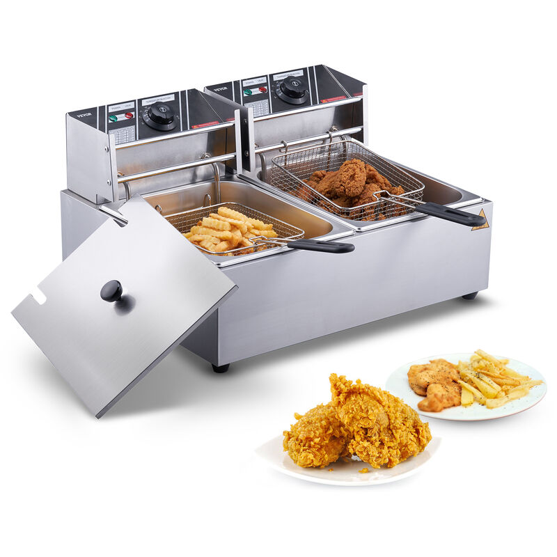 VEVOR Elektrische Edelstahl Fritteuse 24 L, Doppelter Tank Fritteuse Maschine 1500 W + 1500 W, inkl. 2 Frittierkörbe, 2 Abdeckungen, Kommerzielle