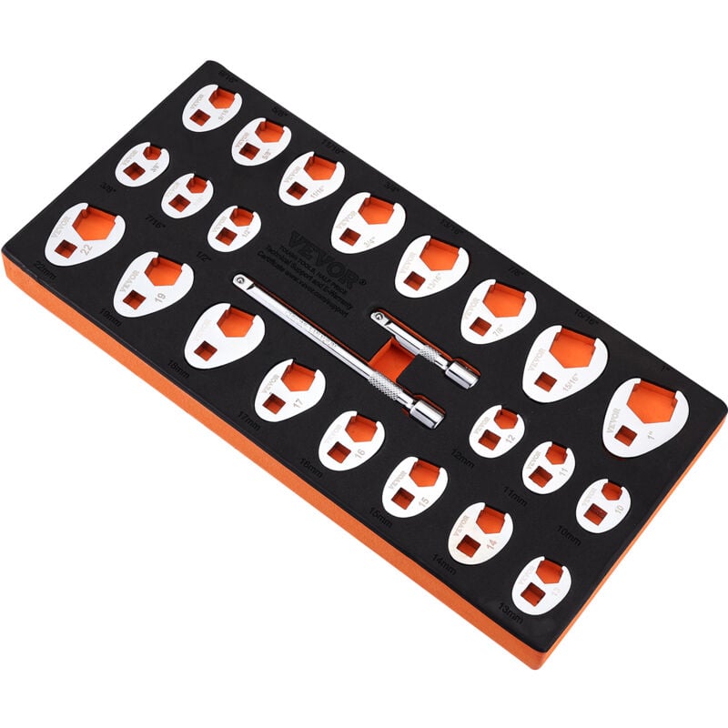 Vevor 3/8-Zoll-Antrieb Hahnenfußschlüsselsatz mit 2 Verlängerungsstangen, 24-teiliger Hahnenfußschlüsselsatz, sae 3/8 Zoll - 1 Zoll & Metrisch 10-22