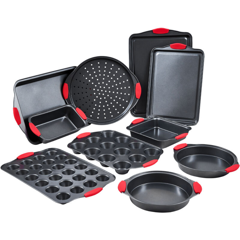 Backformen-Set 10 tlg. antihaftbeschichtete Kochgeschirrplatten und -bleche Karbonstahl, Backgeschirr-Kochsets für den Küchenofen mit Silikongriffen,
