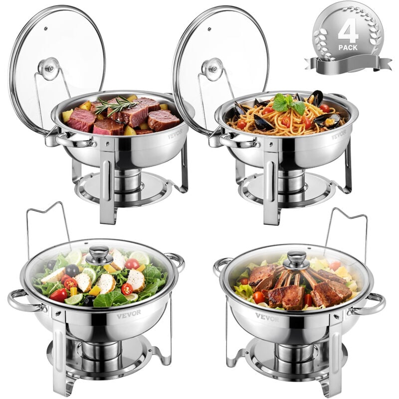 Chafing Dish Buffet Speisenwärmer mit 4 Behältern in voller Größe (4,7 l pro), runder Catering-Wärmespender mit Glasdeckel & Wasserpfanne &