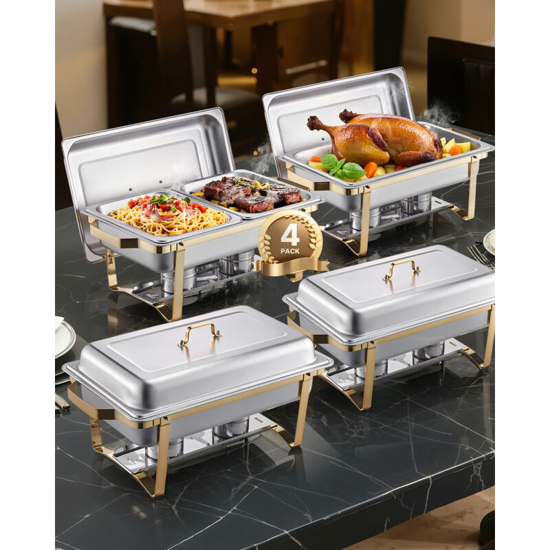 Chafing Dish Set Speisenwärmer Edelstahl mit 2 Pfannen in voller Größe (7,5 l) & 4 halbgroßen Pfannen (4 l), rechteckiger Catering-Wärmespender mit