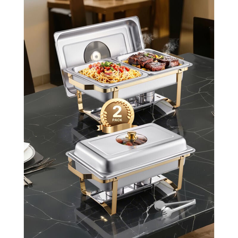 Chafing Dish Set Speisenwärmer Edelstahl mit 4 Behältern in halber Größe (4 l pro), rechteckiger Wärmespender mit sichtbarem Deckel &