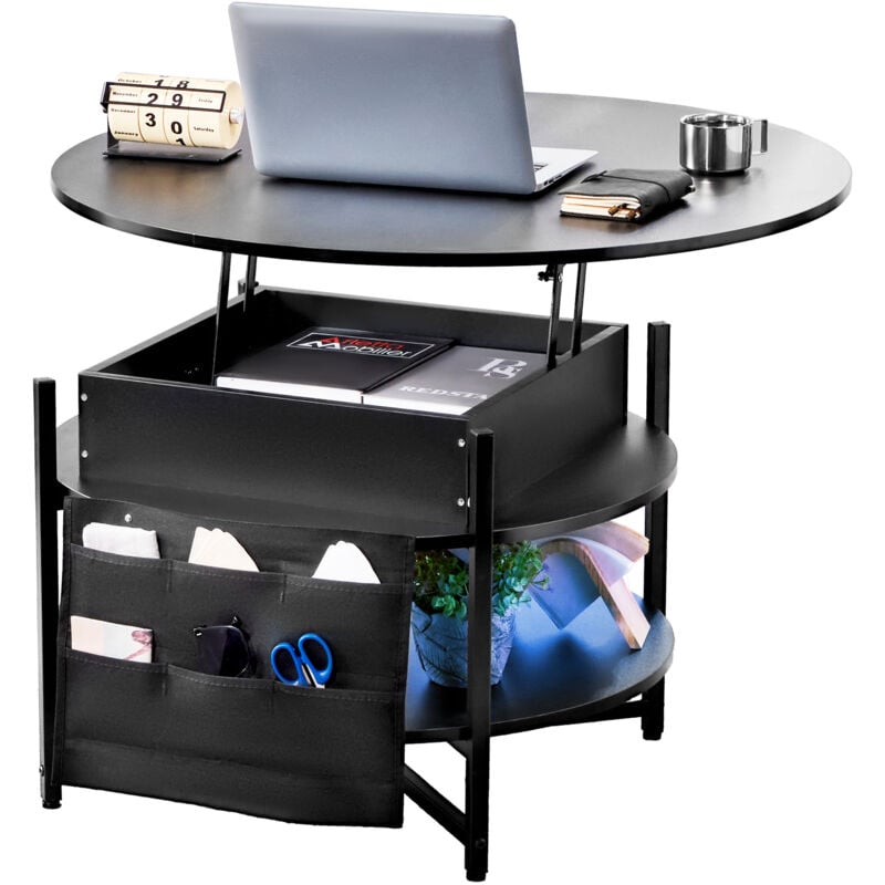 Couchtisch mit anhebbarer Platte, 35,3 Zoll runder Couchtisch mit zusätzlichen Aufbewahrungstaschen, aufklappbarer Couchtisch für das Wohnzimmer,