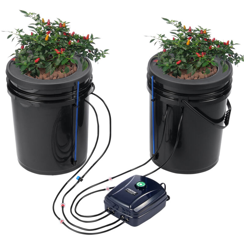 VEVOR DWC Hydroponics Grow System, Hydroponisches Anbausystem mit Top-Drip-Kit, Deep Water Culture 2 5-Gallonen-Eimer, mit Luftpumpe, Luftsteinen und
