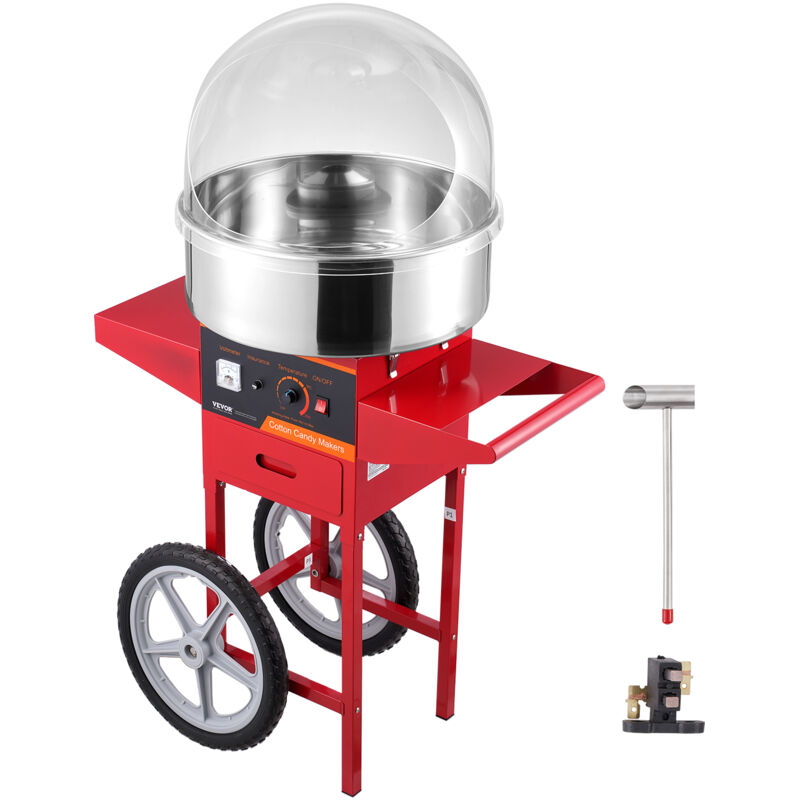 Elektrische Zuckerwattemaschine mit Wagen, 1 kW kommerzielle Zuckerwattemaschine mit Abdeckung, Edelstahlschüssel, Zuckerschaufel und Schublade, für